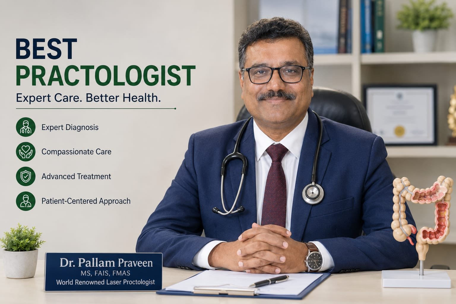 Dr. Pallam Praveen, experienced laser proctologist in Hyderabad, providing advanced treatment for piles, fissures, fistulas, and other colorectal conditions.